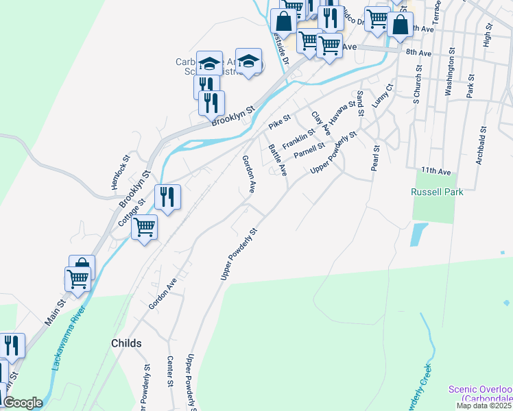 map of restaurants, bars, coffee shops, grocery stores, and more near 147 Upper Powderly Street in Carbondale