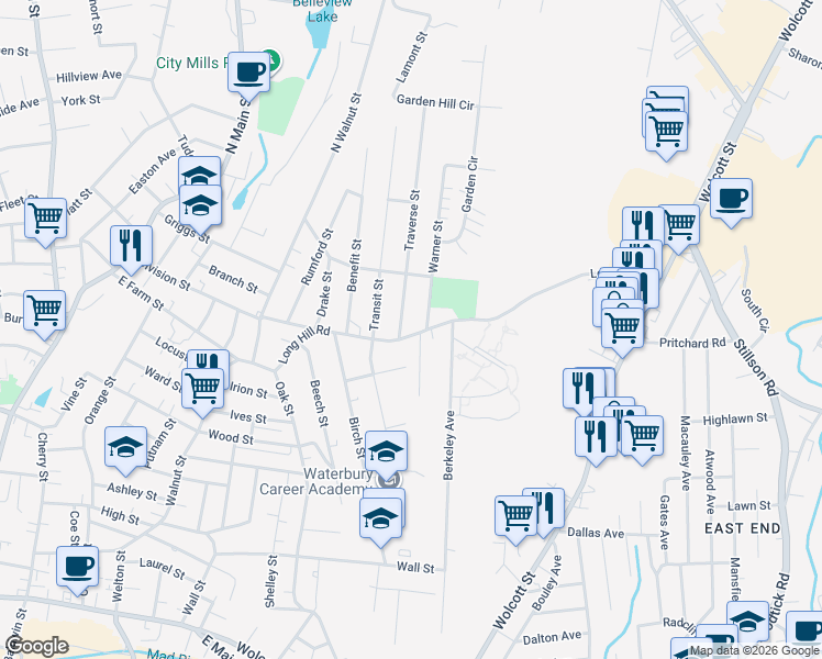 map of restaurants, bars, coffee shops, grocery stores, and more near 206 Long Hill Road in Waterbury