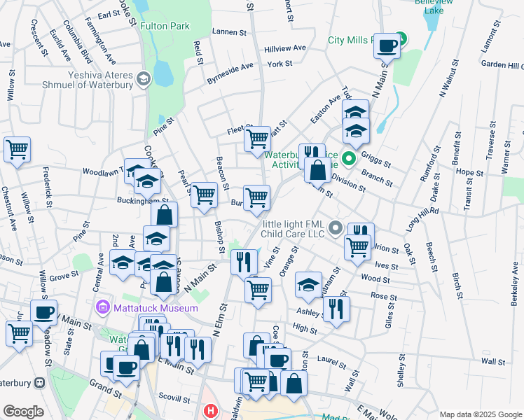 map of restaurants, bars, coffee shops, grocery stores, and more near 601 North Main Street in Waterbury