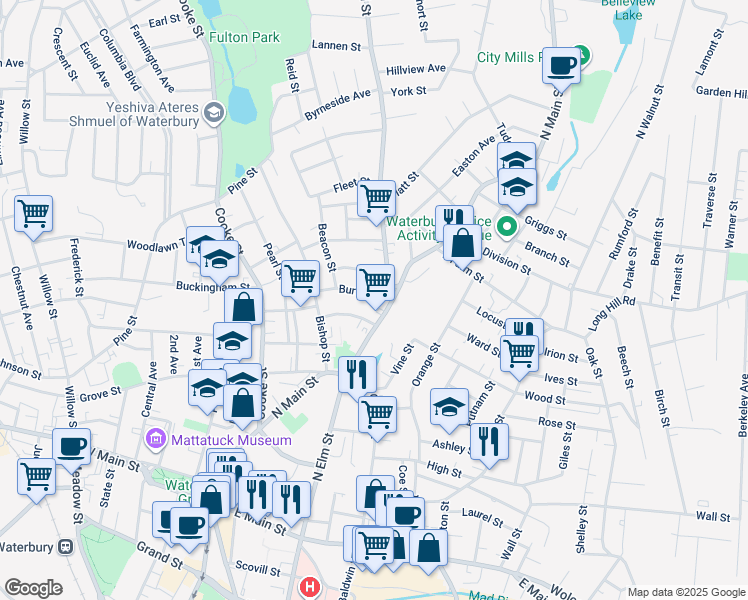 map of restaurants, bars, coffee shops, grocery stores, and more near 601 North Main Street in Waterbury
