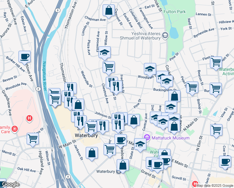 map of restaurants, bars, coffee shops, grocery stores, and more near 191 Hillside Avenue in Waterbury