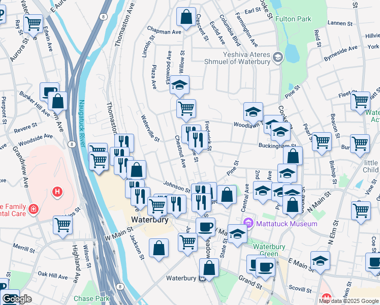 map of restaurants, bars, coffee shops, grocery stores, and more near 78 Chestnut Avenue in Waterbury