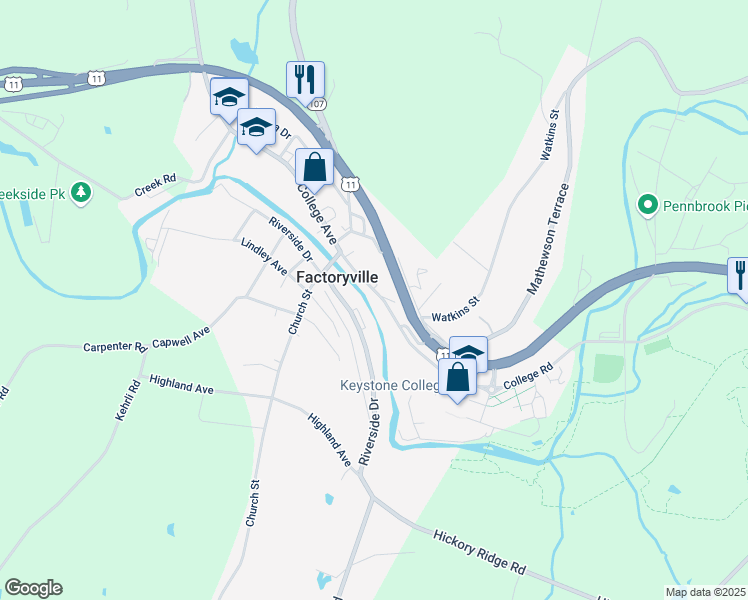 map of restaurants, bars, coffee shops, grocery stores, and more near 214 Riverside Drive in Factoryville