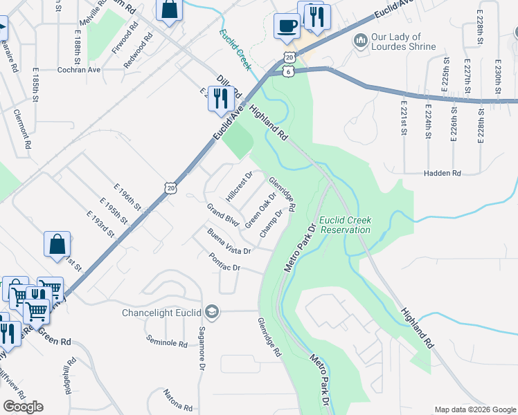 map of restaurants, bars, coffee shops, grocery stores, and more near 20091 Green Oak Drive in Euclid