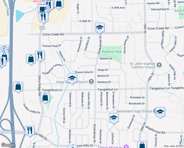 map of restaurants, bars, coffee shops, grocery stores, and more near 3930 Greenbrier Drive in Bettendorf