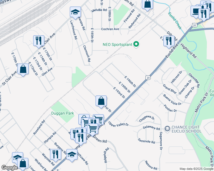 map of restaurants, bars, coffee shops, grocery stores, and more near 1500 East 193rd Street in Euclid