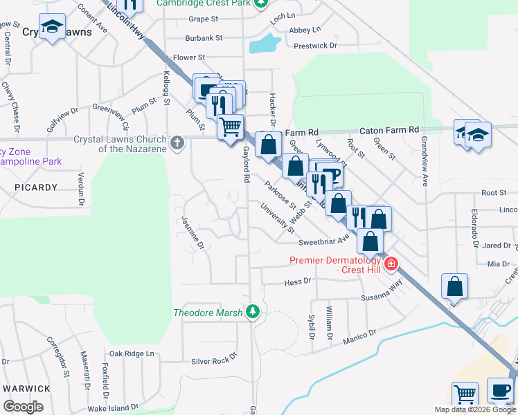 map of restaurants, bars, coffee shops, grocery stores, and more near 2325 University Street in Crest Hill