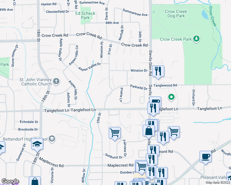 map of restaurants, bars, coffee shops, grocery stores, and more near 3105 Parkwild Drive in Bettendorf