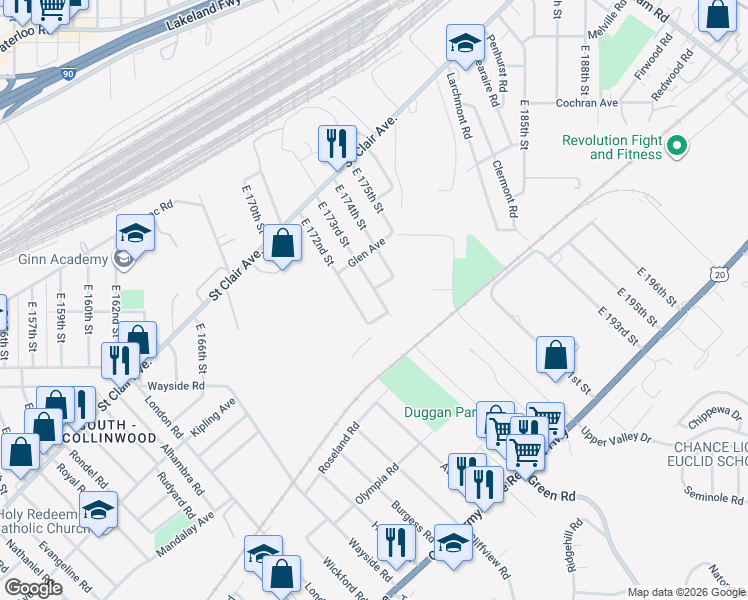 map of restaurants, bars, coffee shops, grocery stores, and more near 1561 East 172nd Street in Cleveland