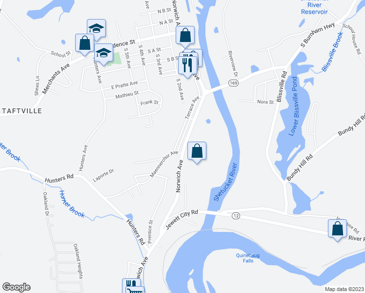 map of restaurants, bars, coffee shops, grocery stores, and more near 354 Norwich Avenue in Norwich