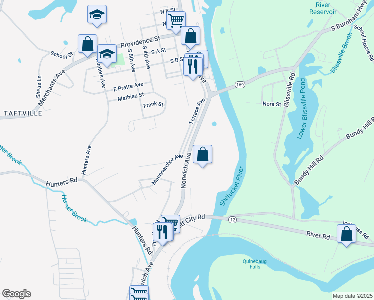 map of restaurants, bars, coffee shops, grocery stores, and more near 352 Norwich Avenue in Norwich