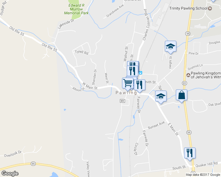 map of restaurants, bars, coffee shops, grocery stores, and more near 47 West Main Street in Pawling