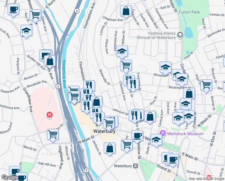 map of restaurants, bars, coffee shops, grocery stores, and more near 69 Waterville Street in Waterbury