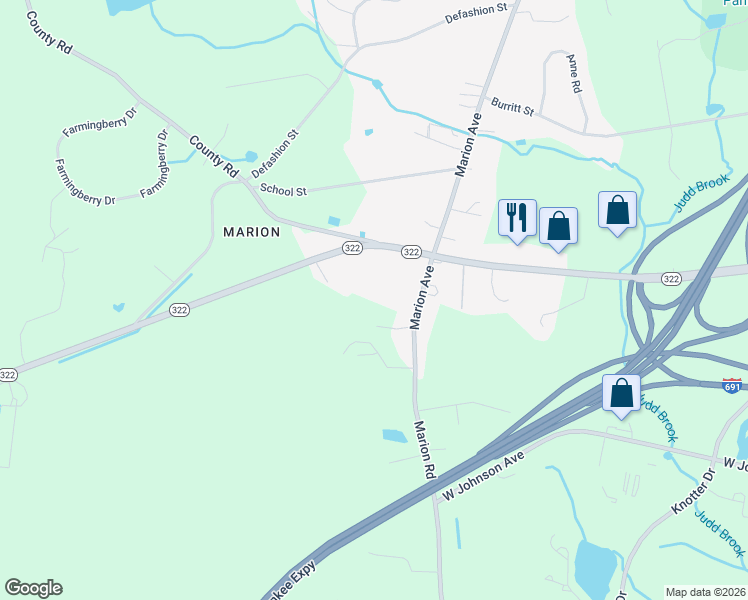 map of restaurants, bars, coffee shops, grocery stores, and more near 1341 Marion Avenue in Southington