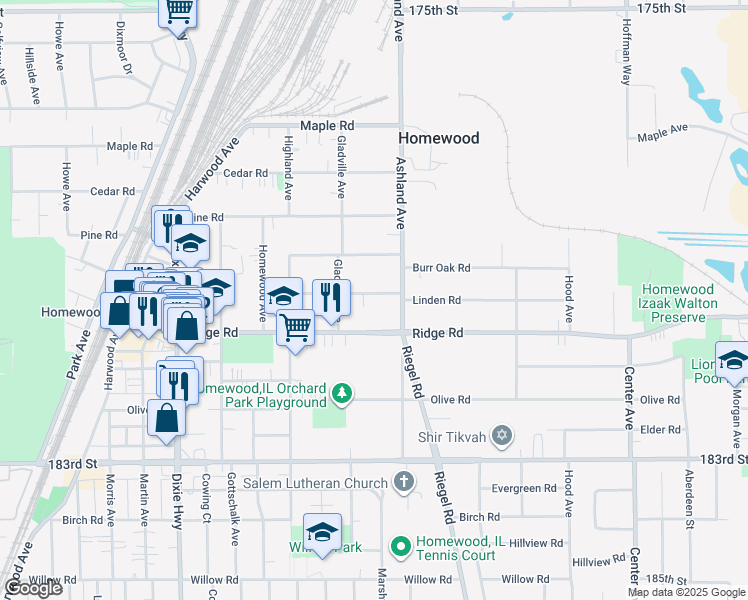 map of restaurants, bars, coffee shops, grocery stores, and more near 1635 Linden Road in Homewood