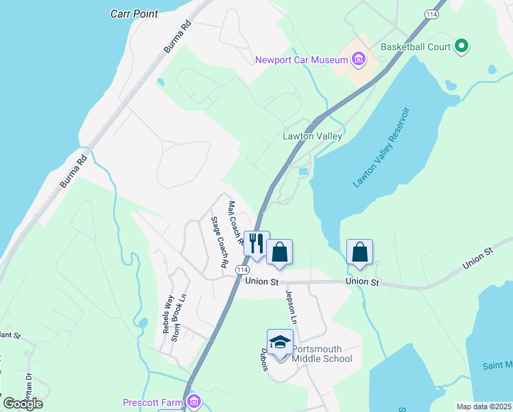 map of restaurants, bars, coffee shops, grocery stores, and more near 9491 West Main Road in Portsmouth