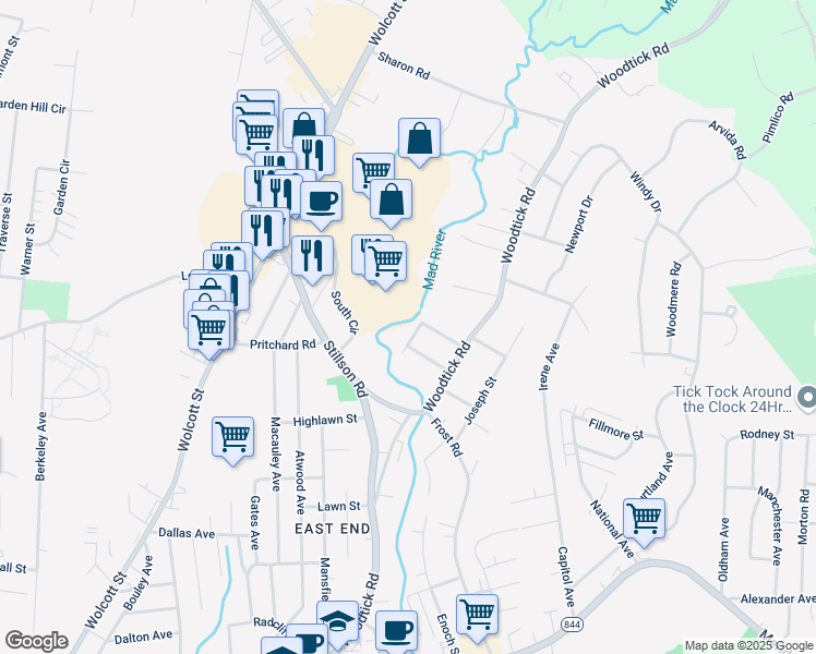 map of restaurants, bars, coffee shops, grocery stores, and more near 29 Glenbrook Avenue in Waterbury