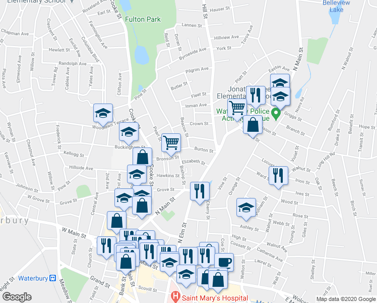 map of restaurants, bars, coffee shops, grocery stores, and more near 48 Elizabeth Street in Waterbury