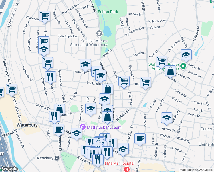 map of restaurants, bars, coffee shops, grocery stores, and more near 192 Prospect Street in Waterbury