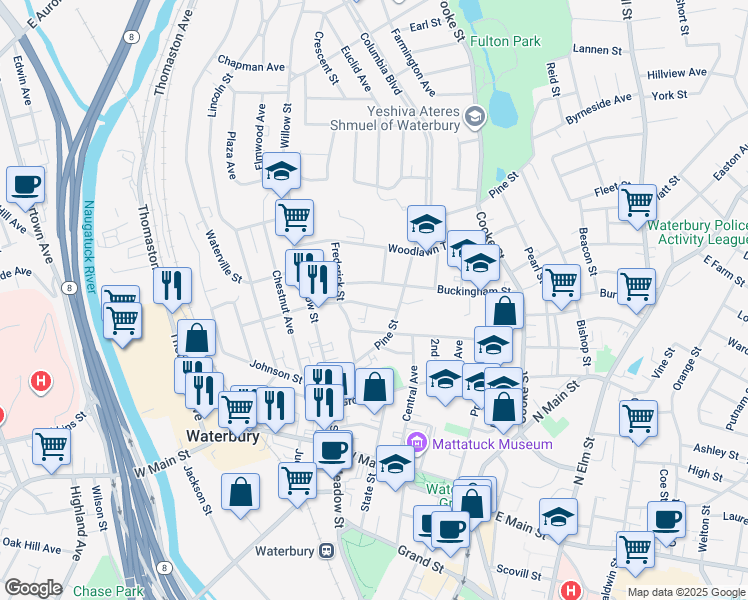 map of restaurants, bars, coffee shops, grocery stores, and more near 170 Hillside Avenue in Waterbury