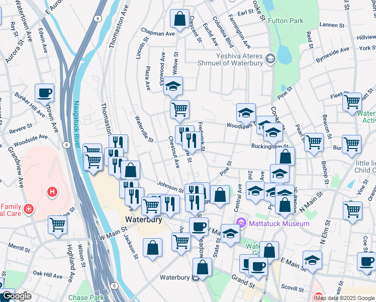 map of restaurants, bars, coffee shops, grocery stores, and more near 191 Hillside Avenue in Waterbury