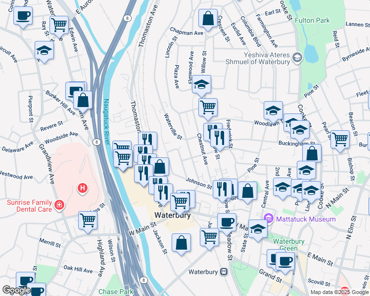 map of restaurants, bars, coffee shops, grocery stores, and more near 69 Waterville Street in Waterbury