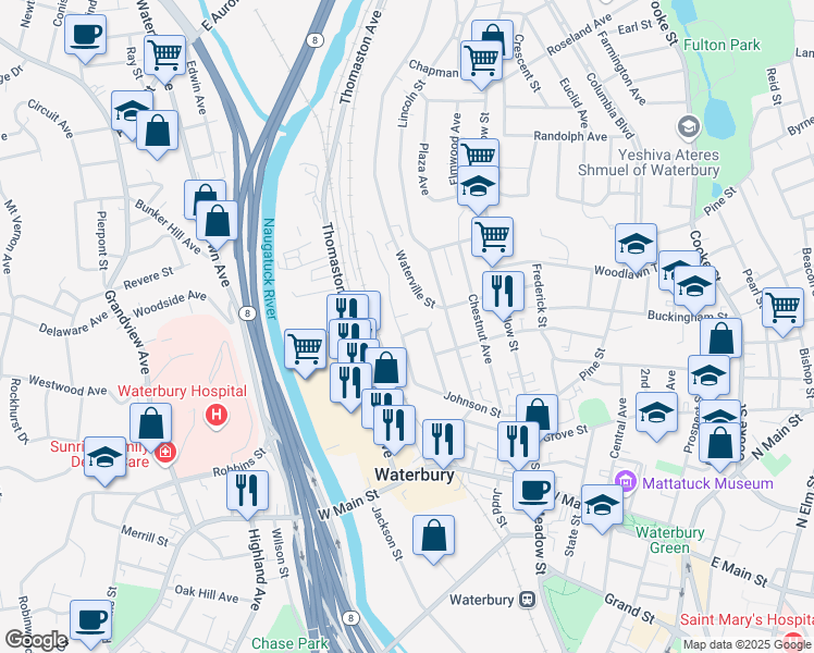 map of restaurants, bars, coffee shops, grocery stores, and more near 46 Manhan Street in Waterbury