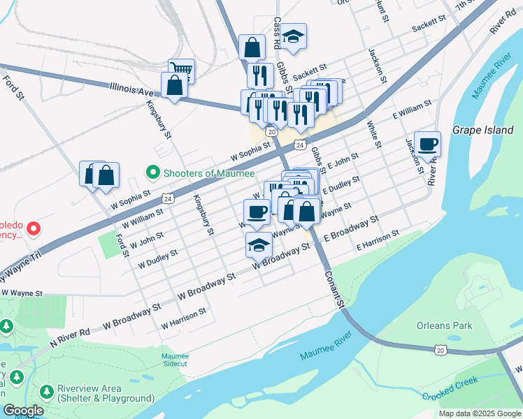 map of restaurants, bars, coffee shops, grocery stores, and more near 214 West Dudley Street in Maumee