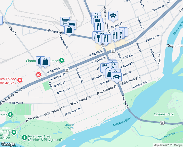 map of restaurants, bars, coffee shops, grocery stores, and more near 303 W Dudley St in Maumee
