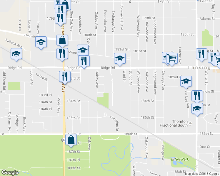map of restaurants, bars, coffee shops, grocery stores, and more near 18306 Exchange Avenue in Lansing