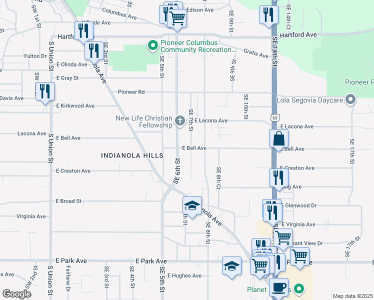 map of restaurants, bars, coffee shops, grocery stores, and more near 2516 Southeast 7th Street in Des Moines