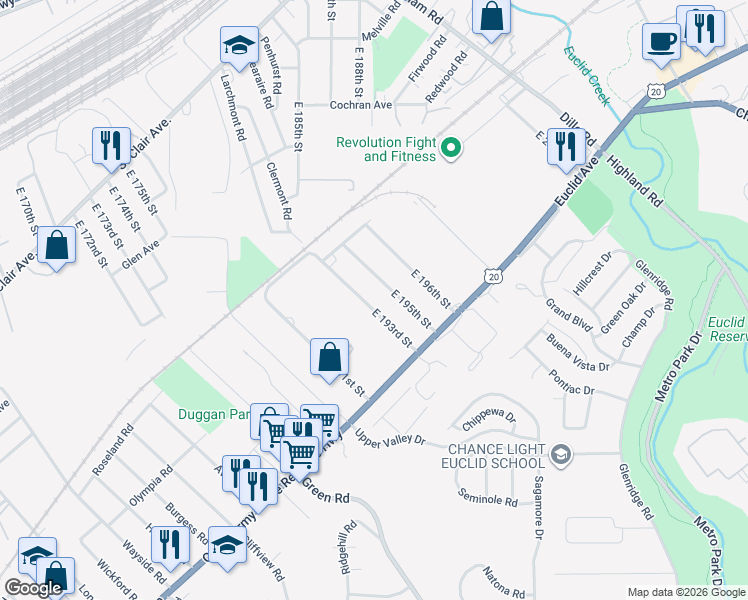 map of restaurants, bars, coffee shops, grocery stores, and more near 1540 East 193rd Street in Euclid