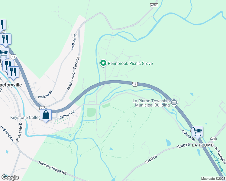 map of restaurants, bars, coffee shops, grocery stores, and more near U.S. 6 in Factoryville