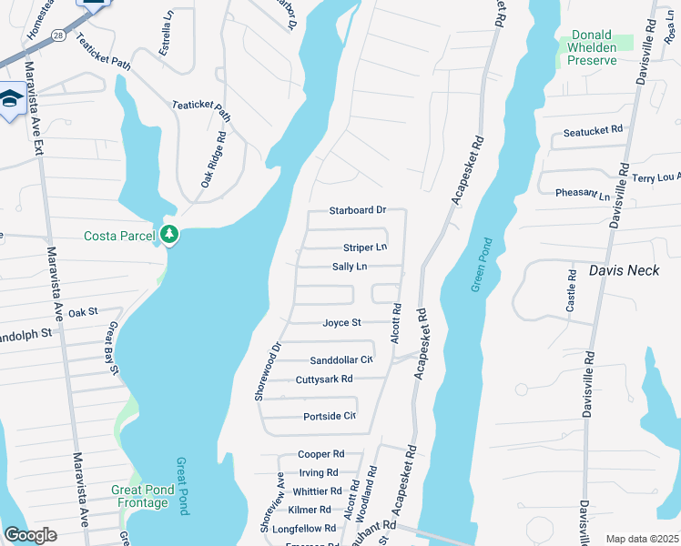 map of restaurants, bars, coffee shops, grocery stores, and more near 33 Sandpiper Circle in Falmouth