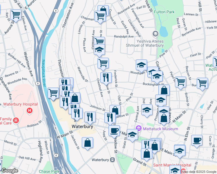 map of restaurants, bars, coffee shops, grocery stores, and more near 191 Hillside Avenue in Waterbury
