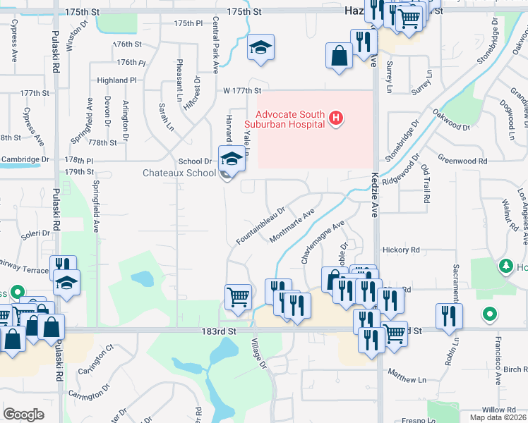 map of restaurants, bars, coffee shops, grocery stores, and more near 17922 Normandy Lane in Hazel Crest