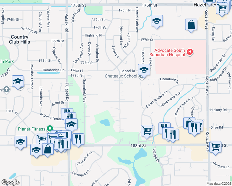 map of restaurants, bars, coffee shops, grocery stores, and more near 18042 Lawndale Avenue in Homewood