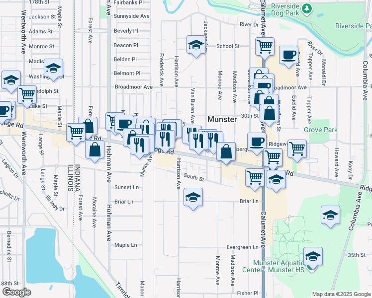 map of restaurants, bars, coffee shops, grocery stores, and more near 506 Ridge Road in Munster