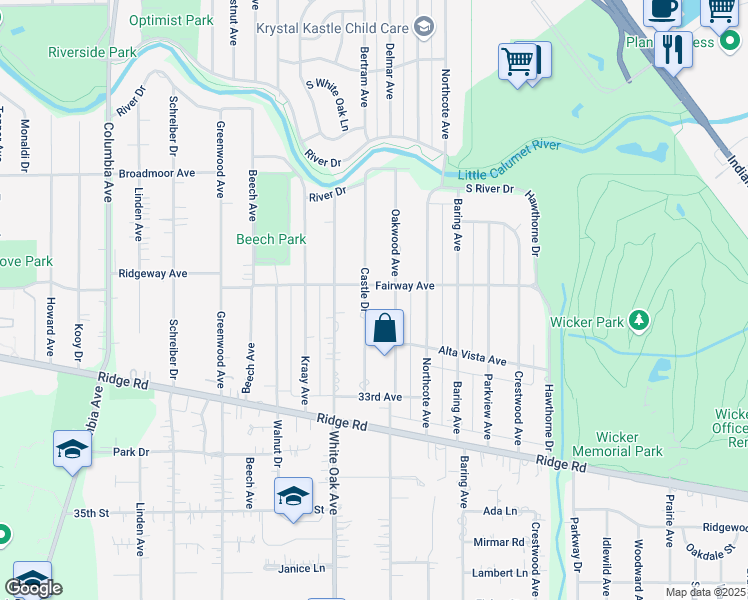 map of restaurants, bars, coffee shops, grocery stores, and more near 8331 Castle Dr in Munster