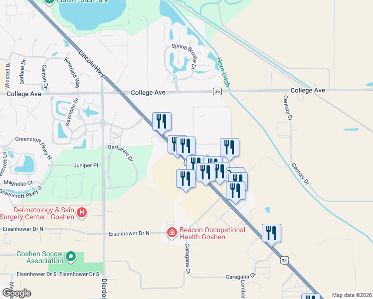map of restaurants, bars, coffee shops, grocery stores, and more near 1906 Lincolnway East in Goshen