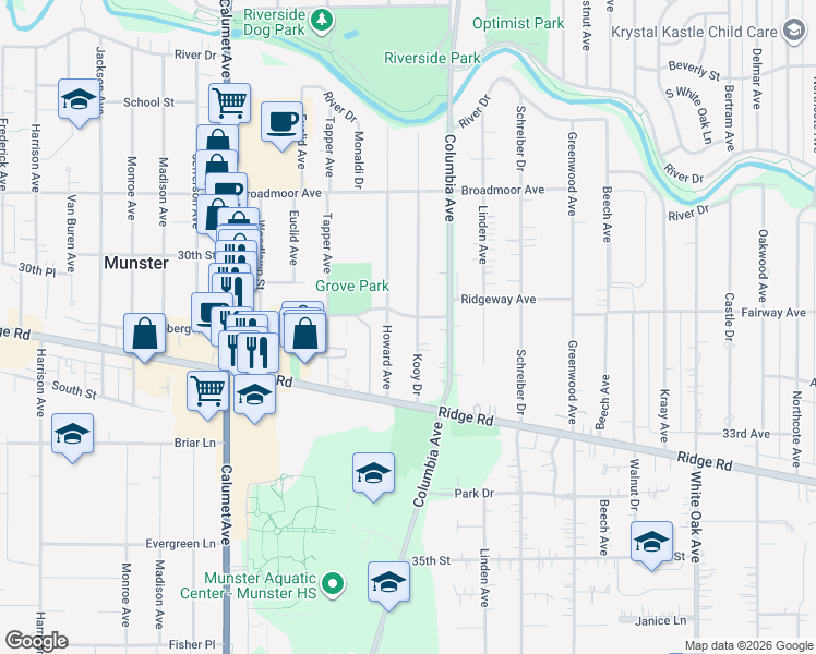 map of restaurants, bars, coffee shops, grocery stores, and more near 8327 Howard Avenue in Munster
