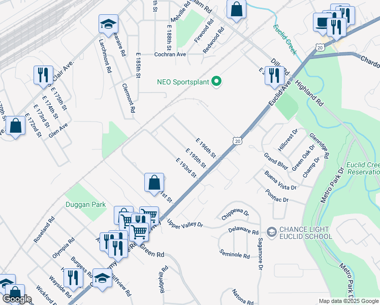 map of restaurants, bars, coffee shops, grocery stores, and more near East 195th Street in Euclid