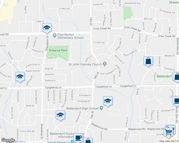 map of restaurants, bars, coffee shops, grocery stores, and more near 2338 Kingsway Drive in Bettendorf