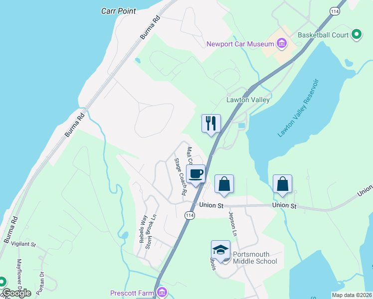 map of restaurants, bars, coffee shops, grocery stores, and more near 86 Mail Coach Road in Portsmouth