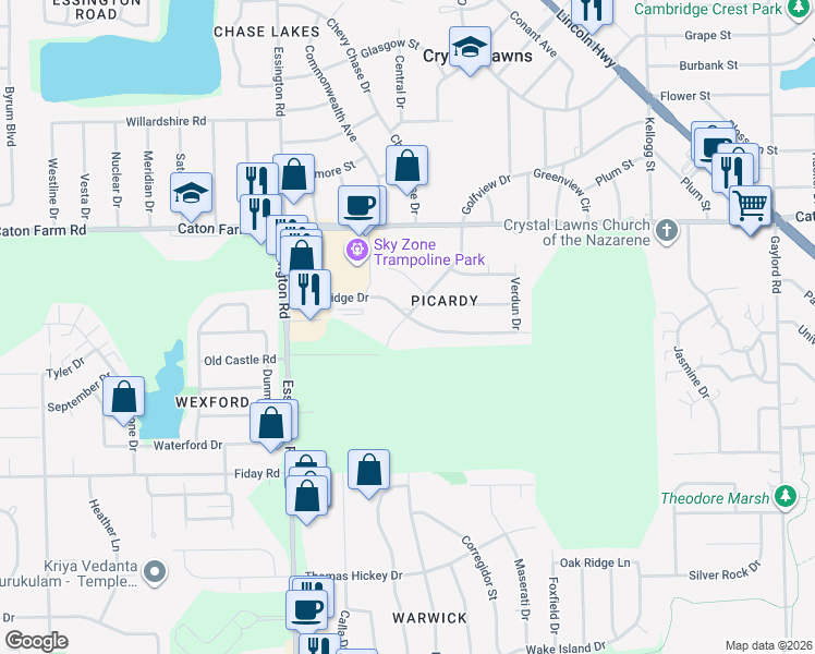 map of restaurants, bars, coffee shops, grocery stores, and more near 2308 Golfview Drive in Joliet