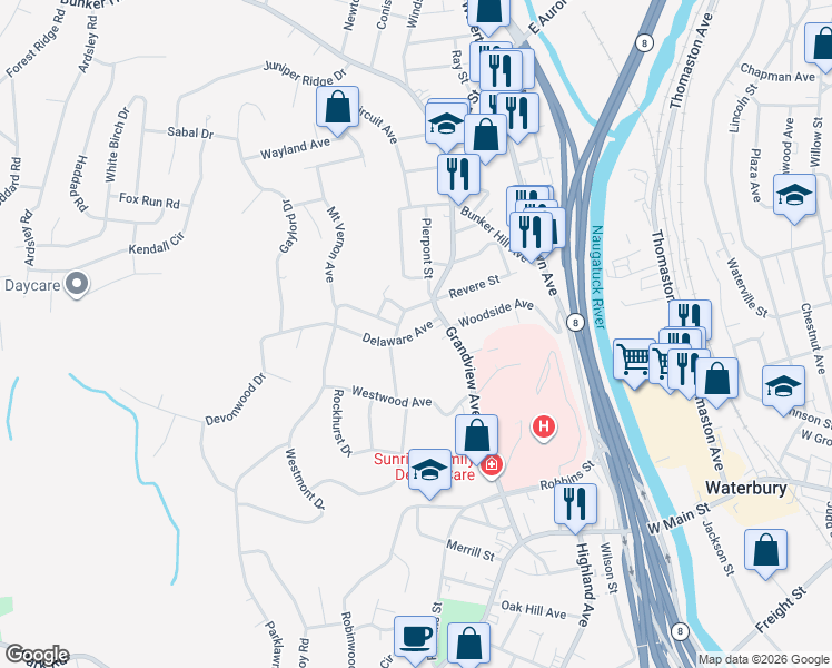 map of restaurants, bars, coffee shops, grocery stores, and more near 30 Delaware Ave in Waterbury