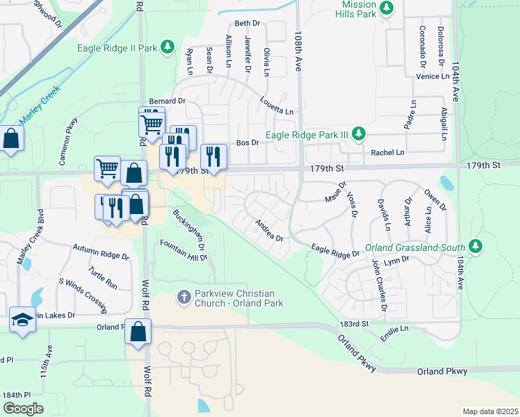 map of restaurants, bars, coffee shops, grocery stores, and more near 18022 Delaware Court in Orland Park