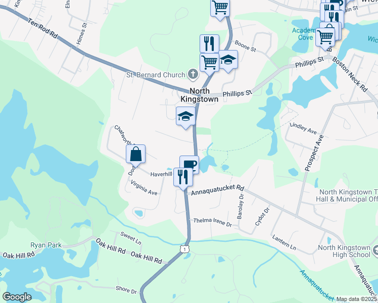 map of restaurants, bars, coffee shops, grocery stores, and more near 485 Tower Hill Road in North Kingstown