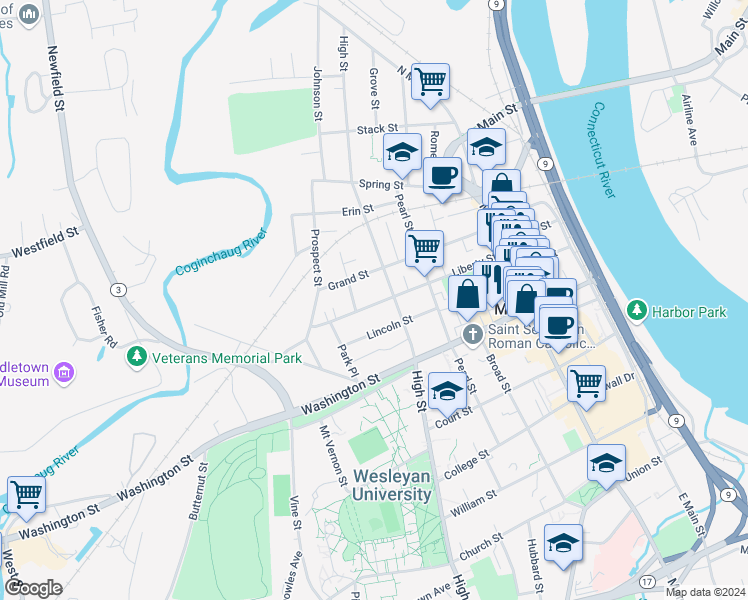 map of restaurants, bars, coffee shops, grocery stores, and more near 128 Lincoln Street in Middletown