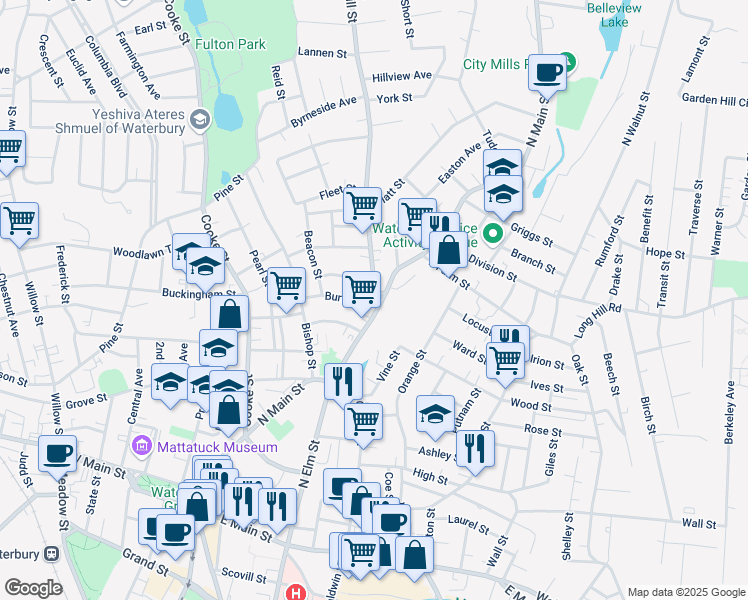 map of restaurants, bars, coffee shops, grocery stores, and more near 601 North Main Street in Waterbury